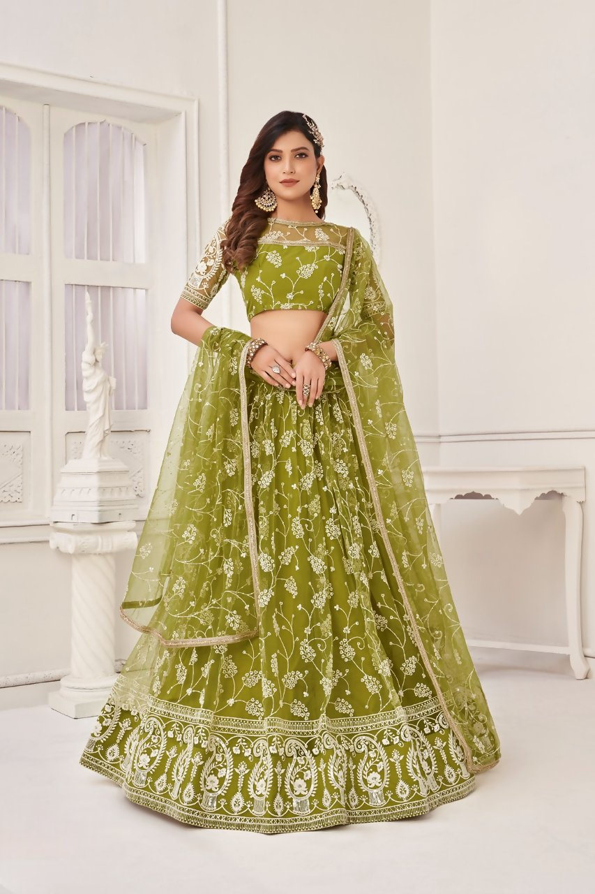 Eilara Women'S Olive Green Butterfly Net Embroidered Thread Work Party Wear Lehenga Choli