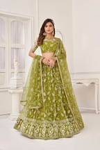 Eilara Women'S Olive Green Butterfly Net Embroidered Thread Work Party Wear Lehenga Choli