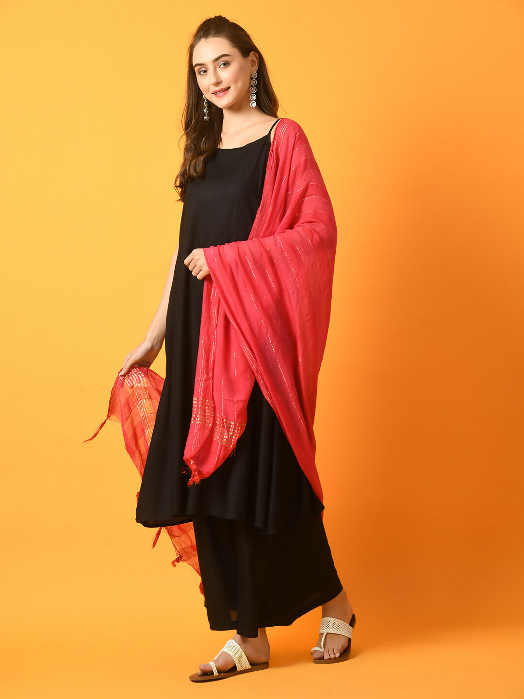 Myshka Women's Black Solid Anarkali Party Kurta Set With Dupatta