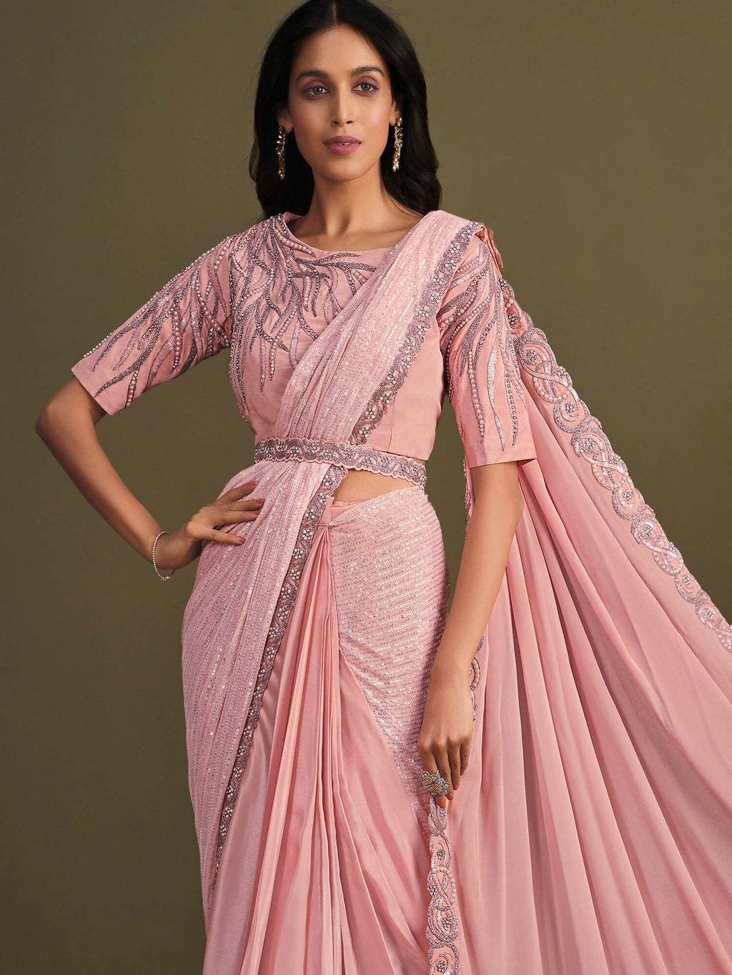 Peach Georgette Crepe Silk Sequence Embroidered Saree With Stitched Blouse - Mohmanthan La Belle