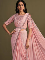 Peach Georgette Crepe Silk Sequence Embroidered Saree With Stitched Blouse - Mohmanthan La Belle
