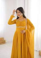 Teeya Creation Yellow Faux Georgette Designer Party Wear Long Gown - Distacart