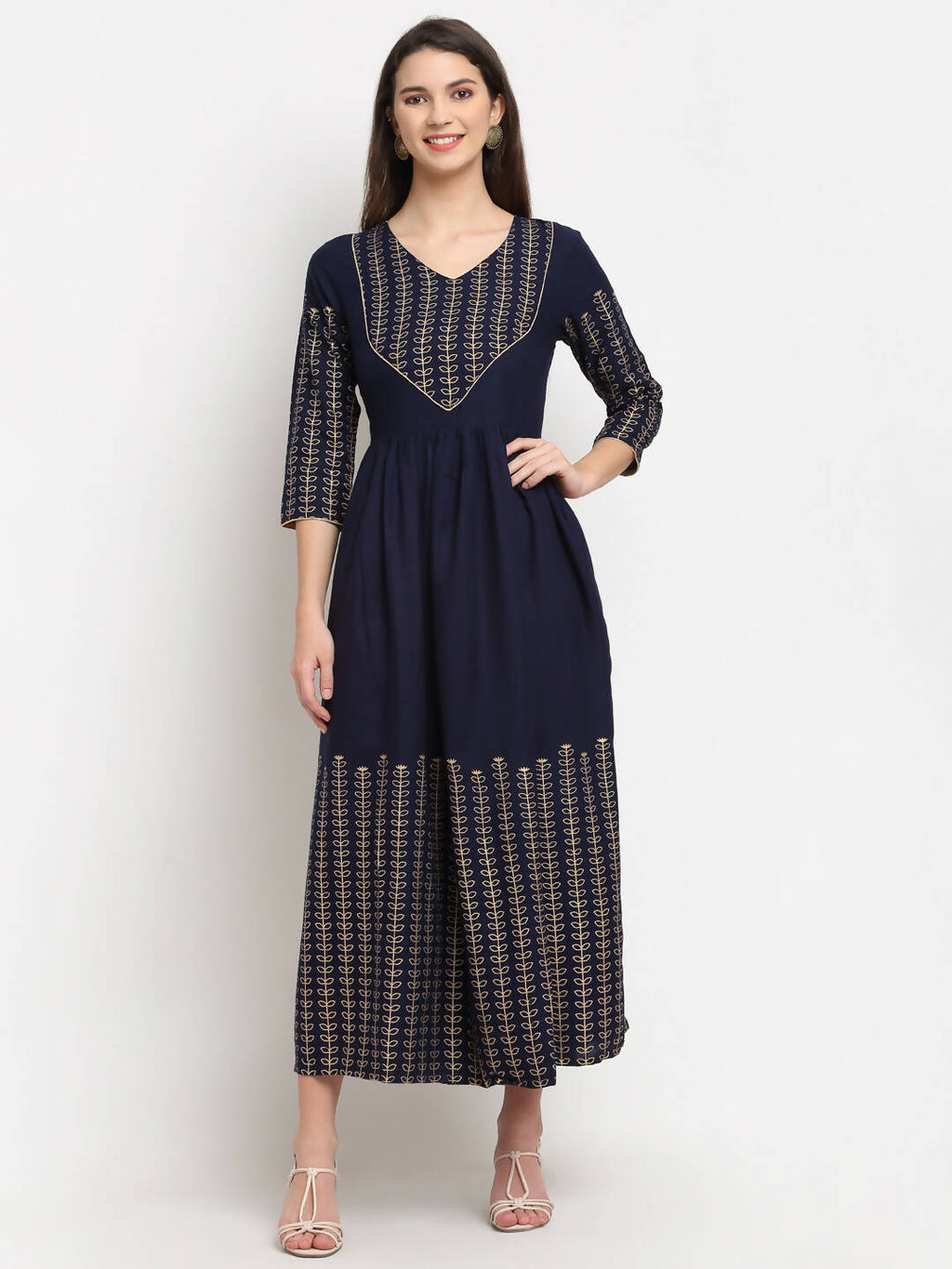 Rudra Bazaar Gold Printed A-line flared Blue kurti - Distacart