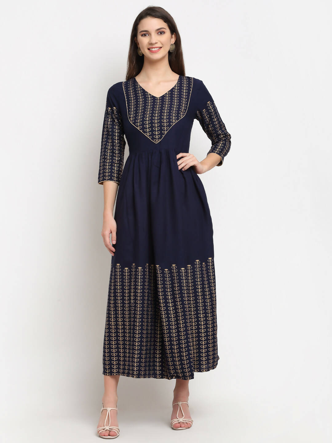 Rudra Bazaar Gold Printed A-line flared Blue kurti - Distacart