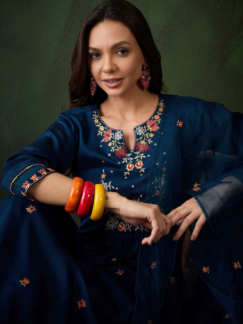 Sangria Floral Embroidered A-Line Kurta & Trousers With Dupatta