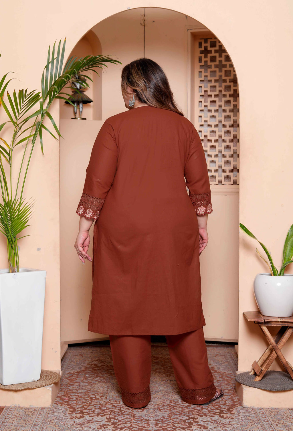 Miravan Womens Plus Size Embroidered Cotton Kurta with palazzo & Dupatta Set