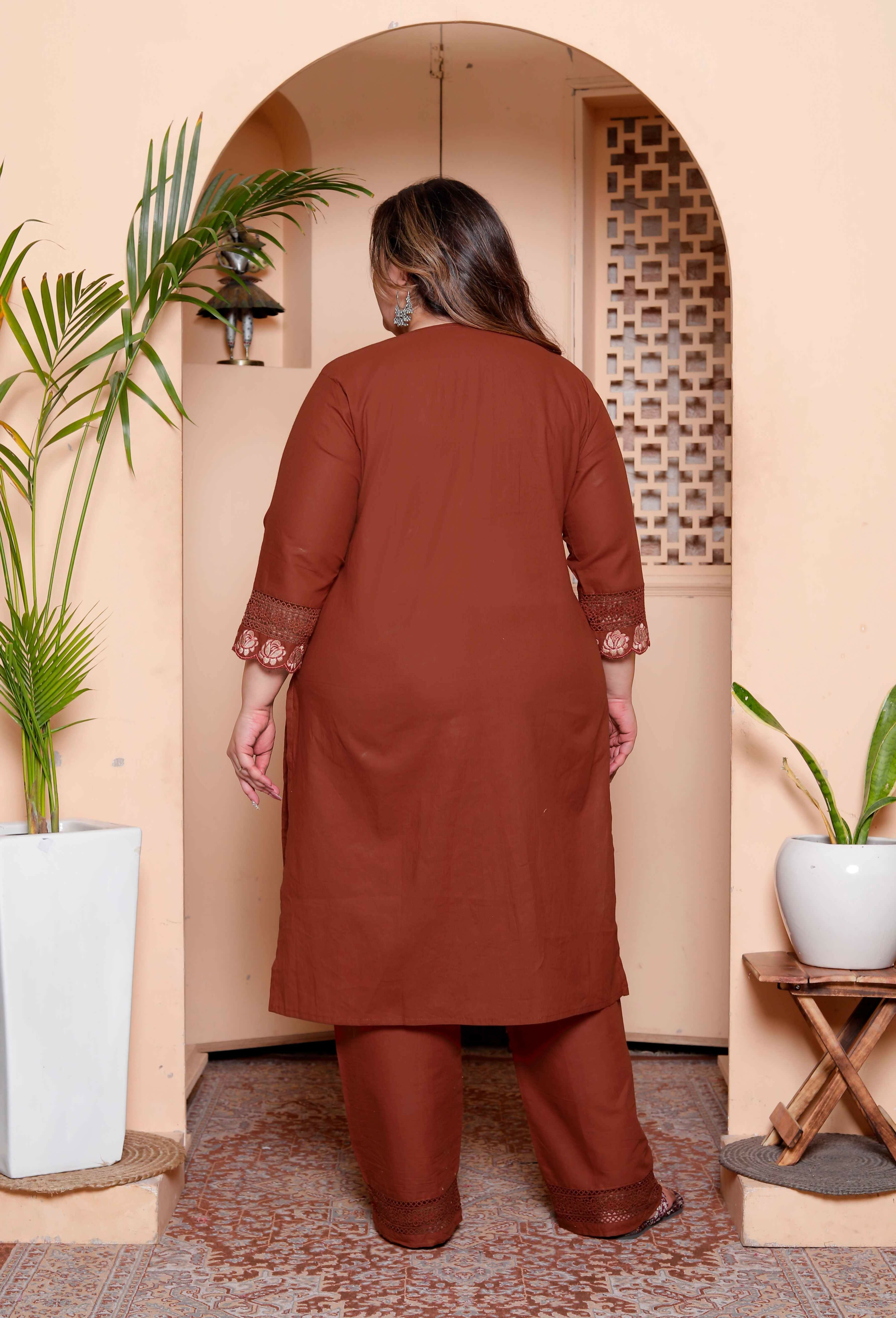 Miravan Womens Plus Size Embroidered Cotton Kurta with palazzo & Dupatta Set