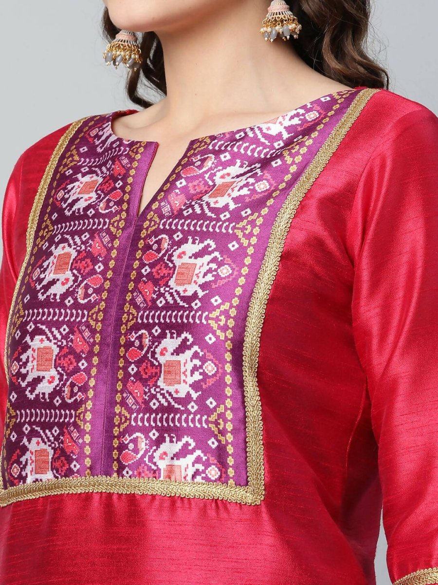Ahalyaa Womens Red Art Silk Printed Kurta Pant Set - Distacart