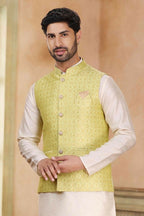 Raivat Ethnic Jacquard Banarasi Silk Woven Work 3 Pics Jacket Set In Lemon Colour - Distacart