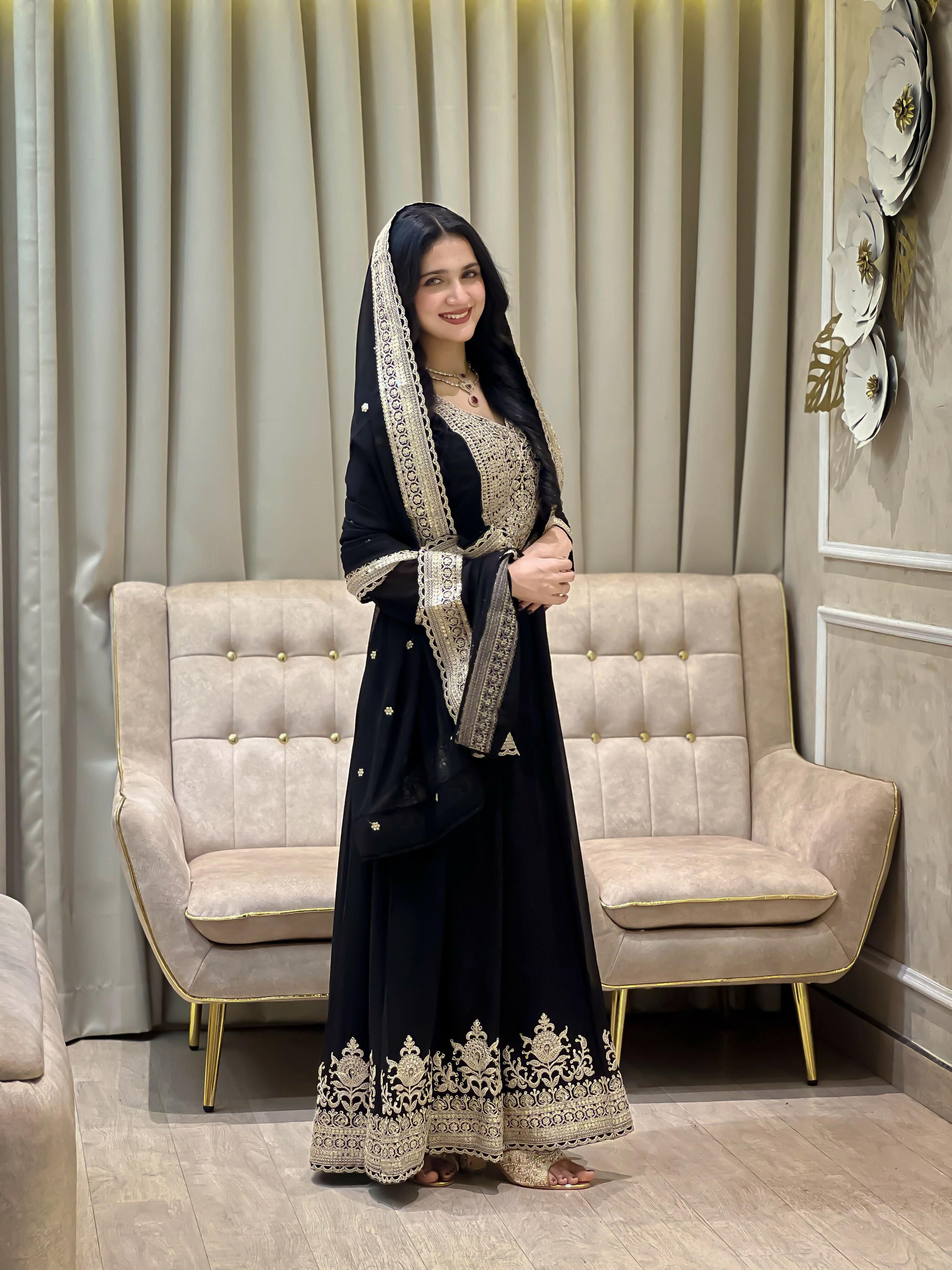 Teeya Creation Black Color Faux Georgette Embroidery Work Long Party Wear Gown