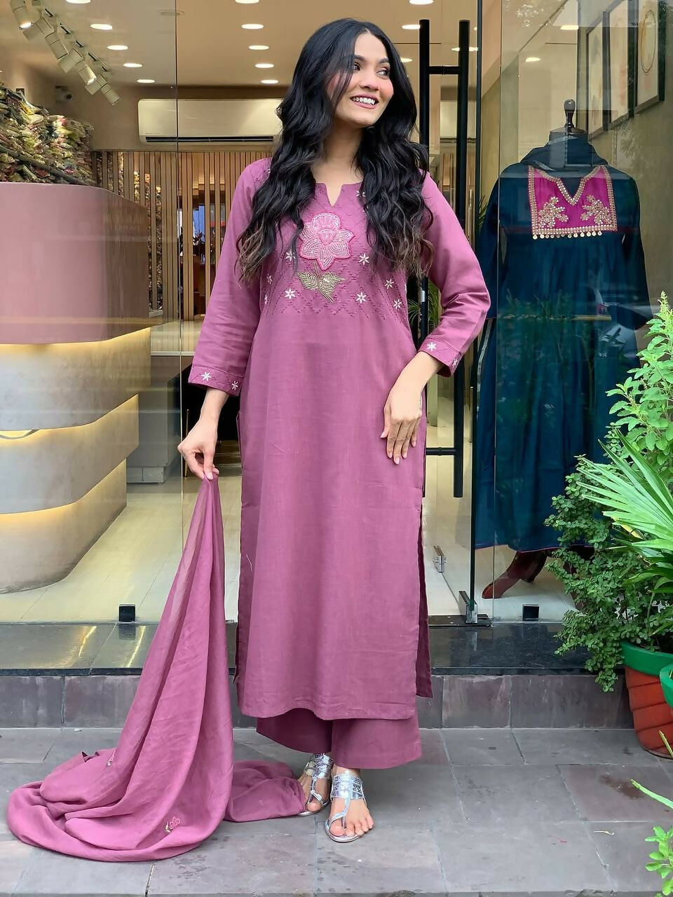 The52 Peach Women's Gorgeous Embroidered Cotton Fabric Straight Kurta Pant with Dupatta Set - Distacart