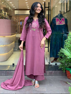 The52 Peach Women's Gorgeous Embroidered Cotton Fabric Straight Kurta Pant with Dupatta Set - Distacart