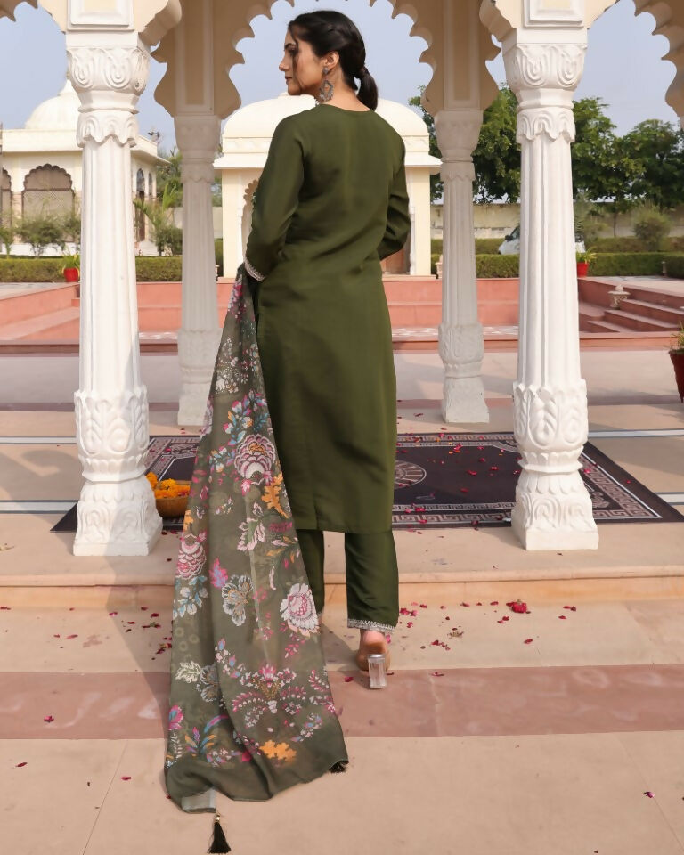 Jyoti Fashion Women's Mehendi Cotton Silk Hand Work with Floral Printed Kurta Set