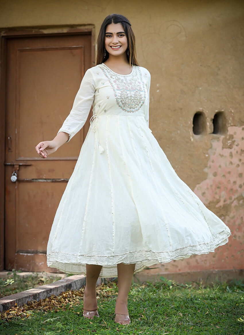 Kaajh Women's White Floral Embroidered Cotton Ethnic Dress - Distacart