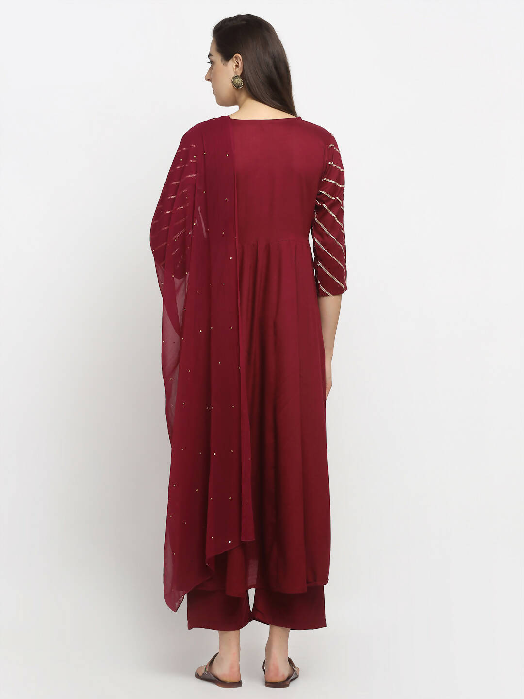 Rudra Bazaar Wine Angrakha Style Flared Anarkali Kurta with Pyjamas & Dupatta - Distacart