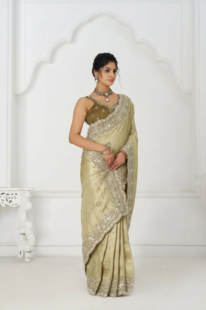 Kesar Fab Latest Chiku/ Champagne Pure Dola Viscouse Silk With Sequins And Beads Embroidery For Festivals Saree
