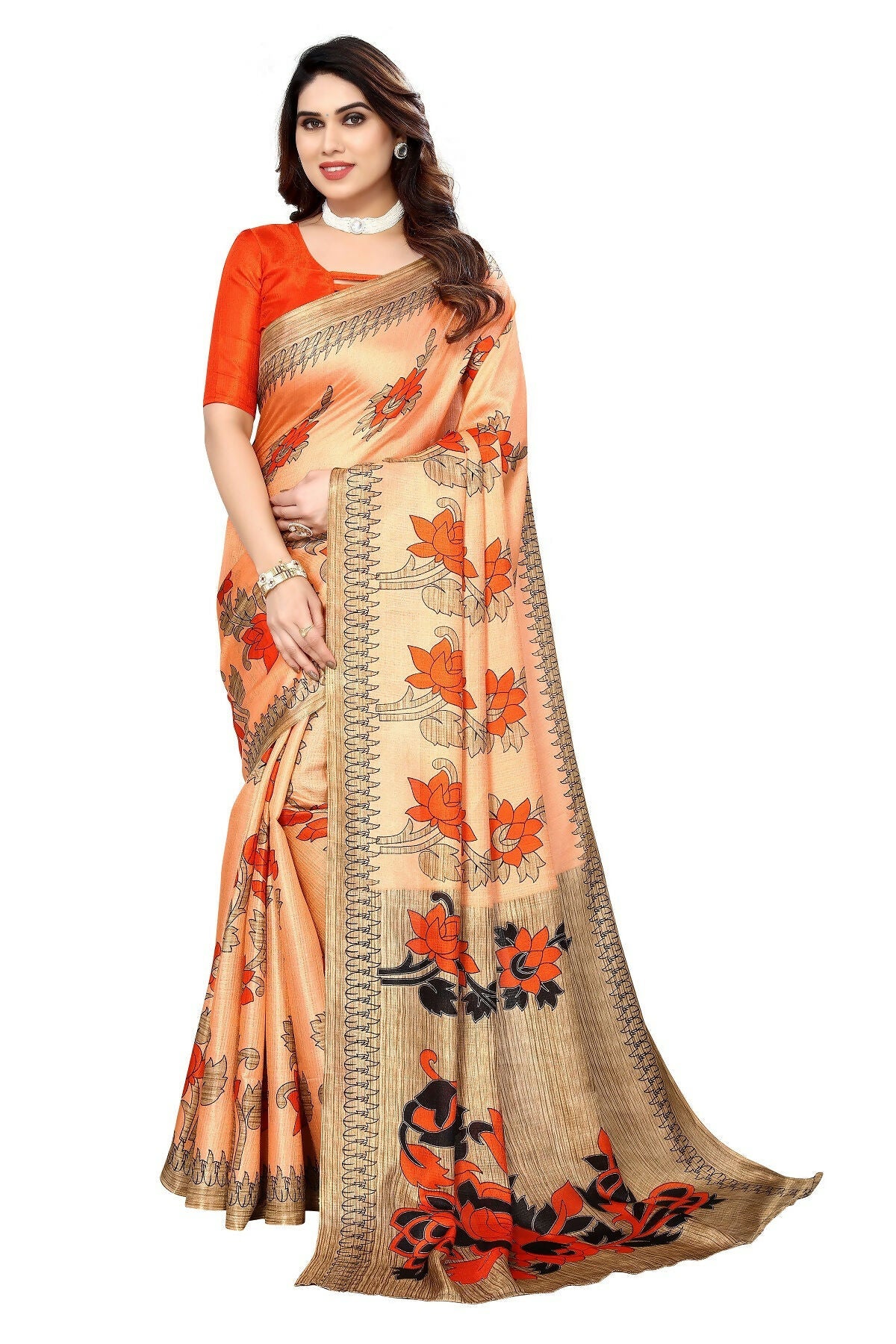 Vamika Orange Printed Art Silk Saree