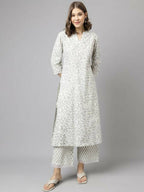 FIORRA Women's Off White Cotton A-Line Kurta Palazzo Set