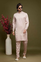 Raivat Ethnic Art Banarasi Silk Thread Work Kurta Pajama In Peach Colour