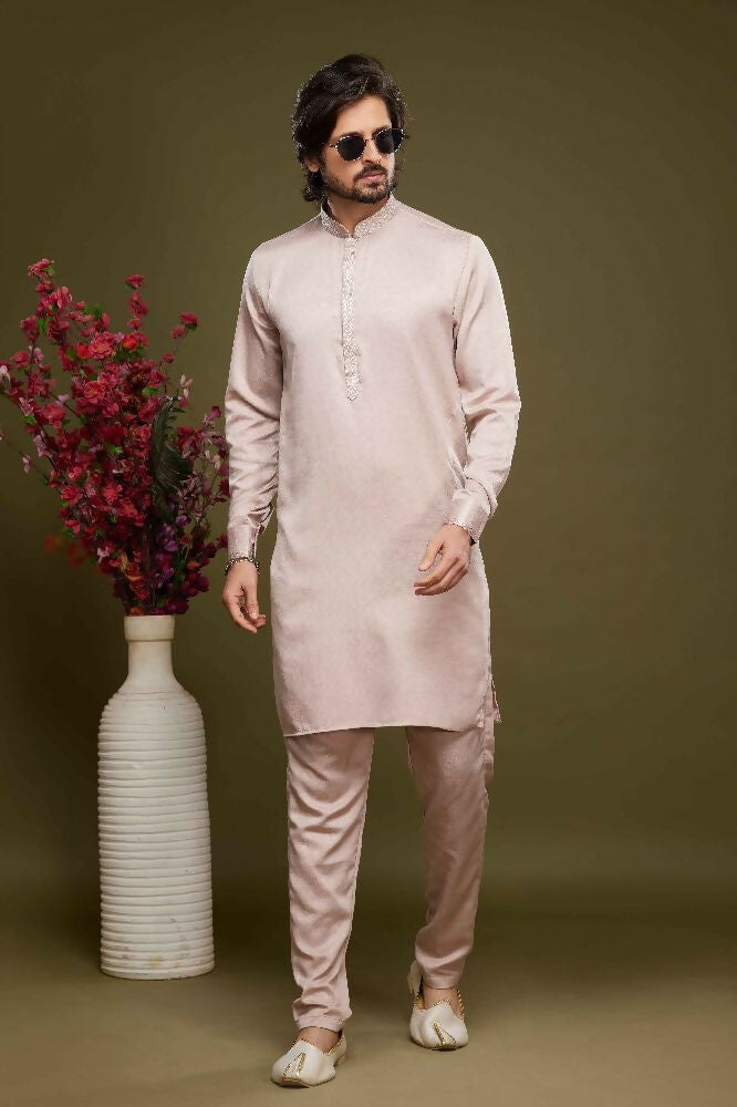 Raivat Ethnic Art Banarasi Silk Thread Work Kurta Pajama In Peach Colour