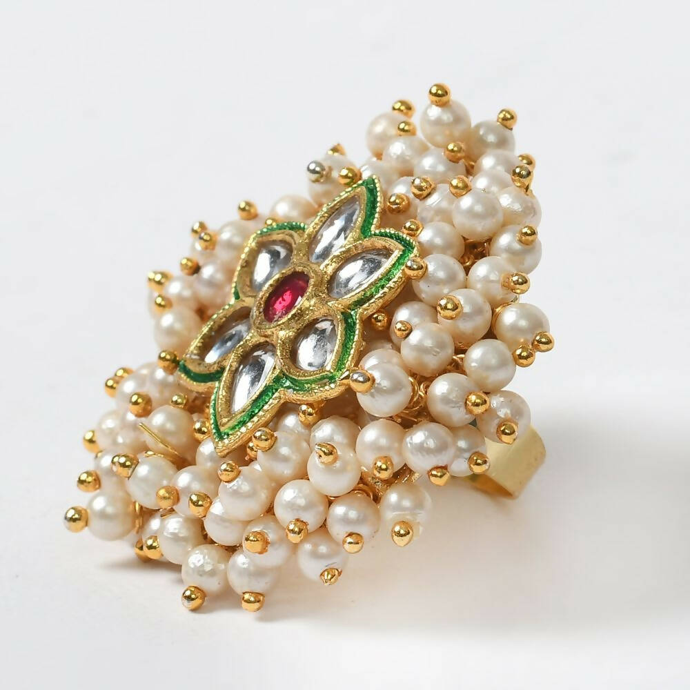 Mominos Fashion Joharkamal Gold-Polished with Pearls Adjustable Finger Ring