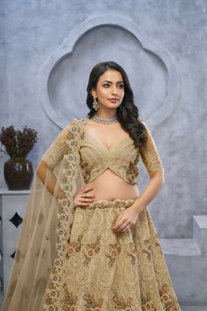 Kesar Fab Golden Net Embroidered Lehenga