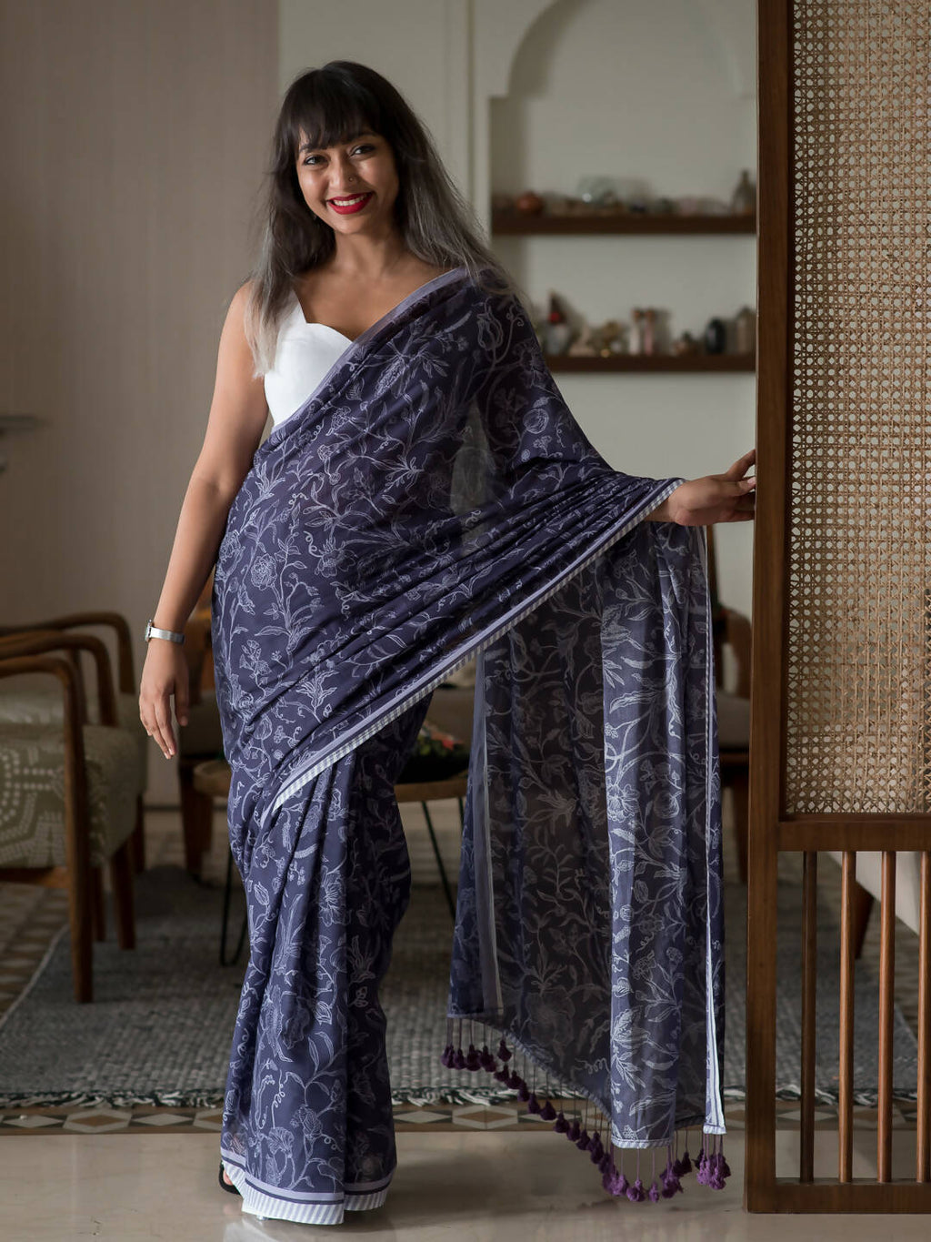 Suta Purple Floral Pure Cotton Saree - Distacart