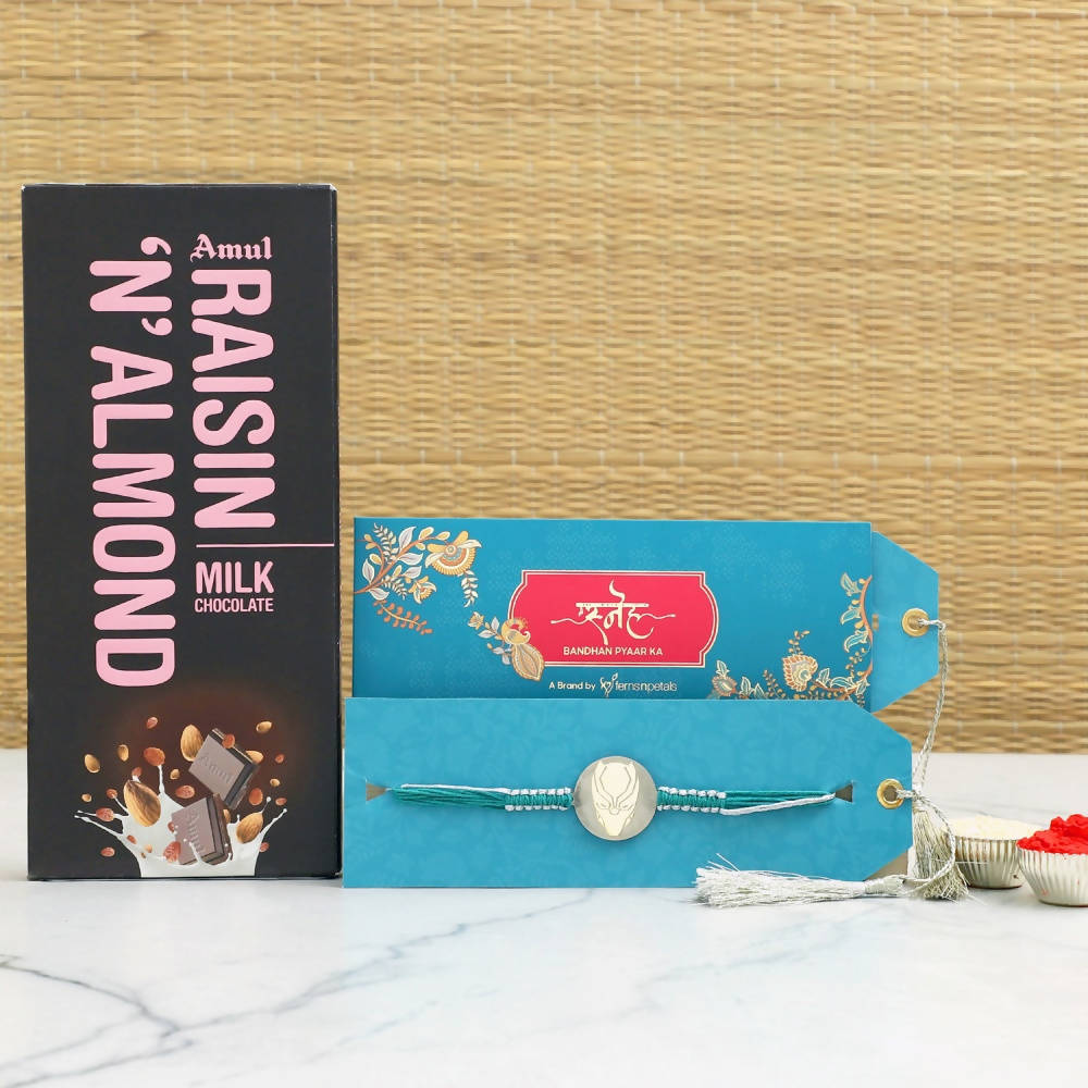 Black Panther Rakhi & Amul Raisin N Almond Chocolate