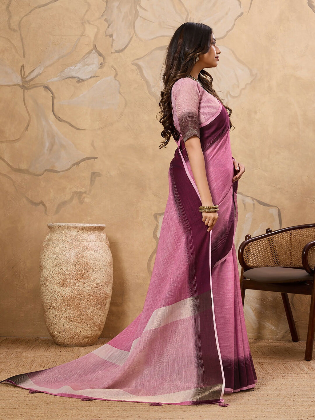 Shree Shyam Fashion Rani Pink Linen Saree - Distacart