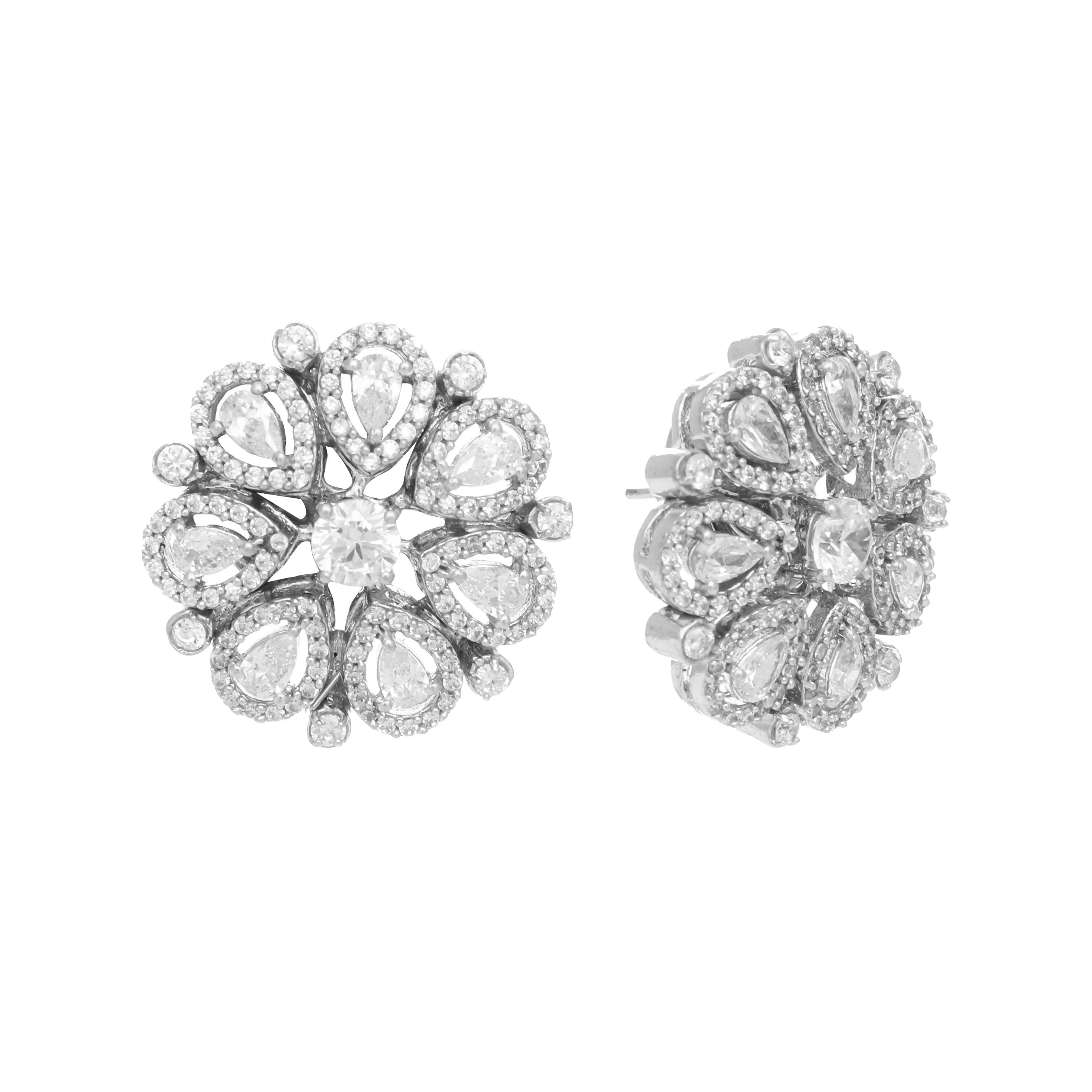 Nuyug Rhodium-Plated Zircon Studded Floral Statement Stud Earrings - Distacart