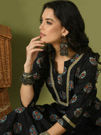 Myshka Women's Black Printed Cotton Straight Party Kurta Set With Dupatta