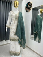 Teeya Creation White Color Faux Georgette Embroidery Work Long Party Wear Palazzo Suit - Distacart