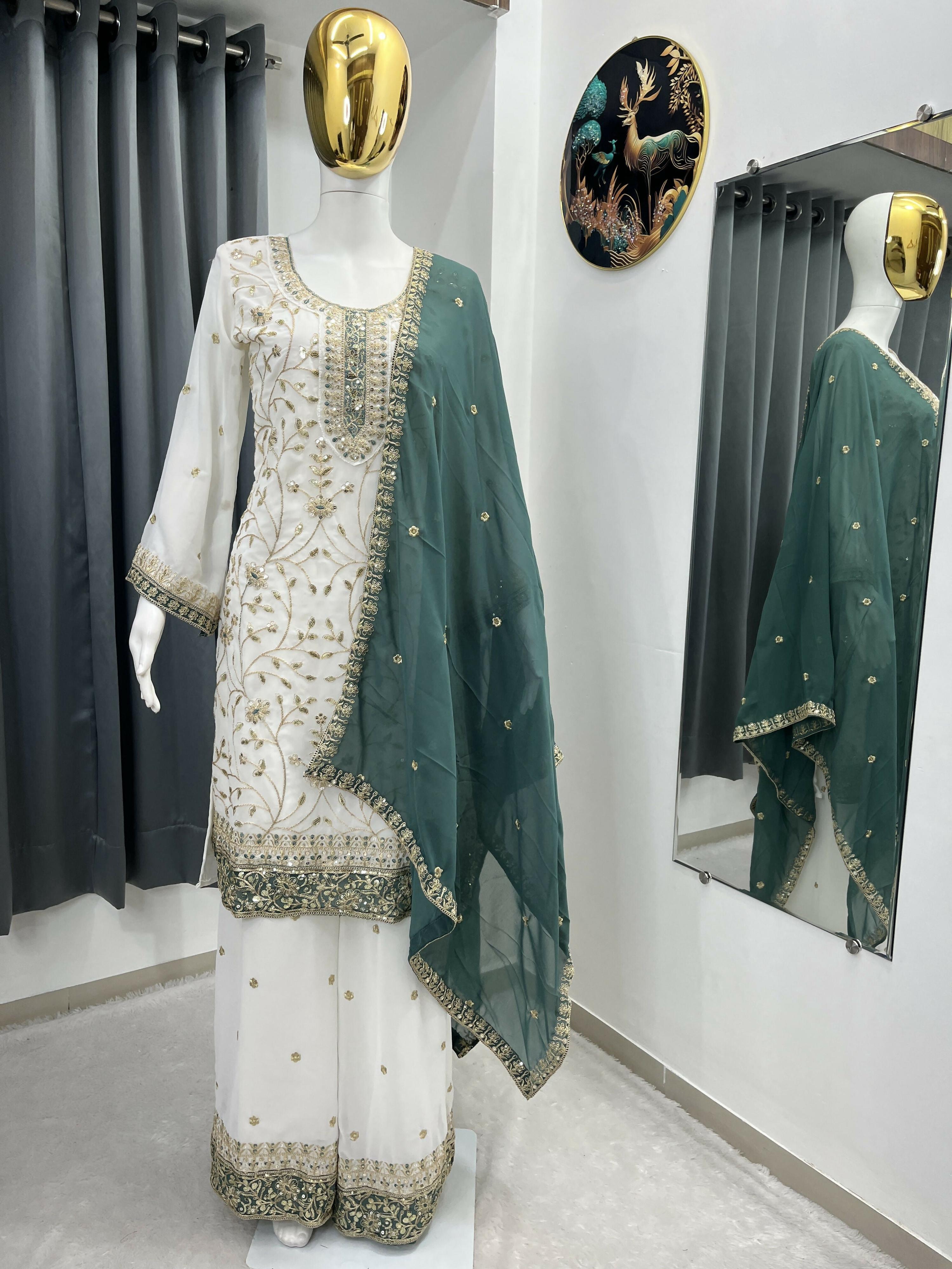 Teeya Creation White Color Faux Georgette Embroidery Work Long Party Wear Palazzo Suit - Distacart