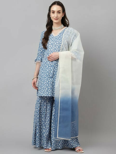 FIORRA Women's Sky Blue Pure Cotton A-Line Kurta & Sharara With Dupatta