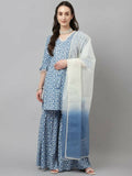 FIORRA Women's Sky Blue Pure Cotton A-Line Kurta & Sharara With Dupatta
