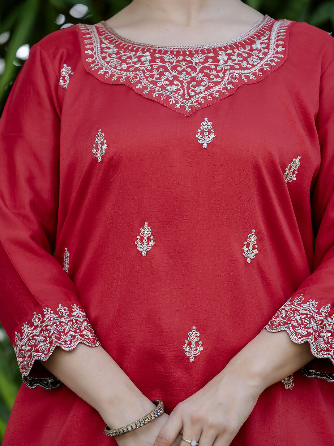The52 Red Women's Gorgeous Embroidered Vichitra Silk Fabric Straight Kurta, Sharara and Dupatta Set - Distacart
