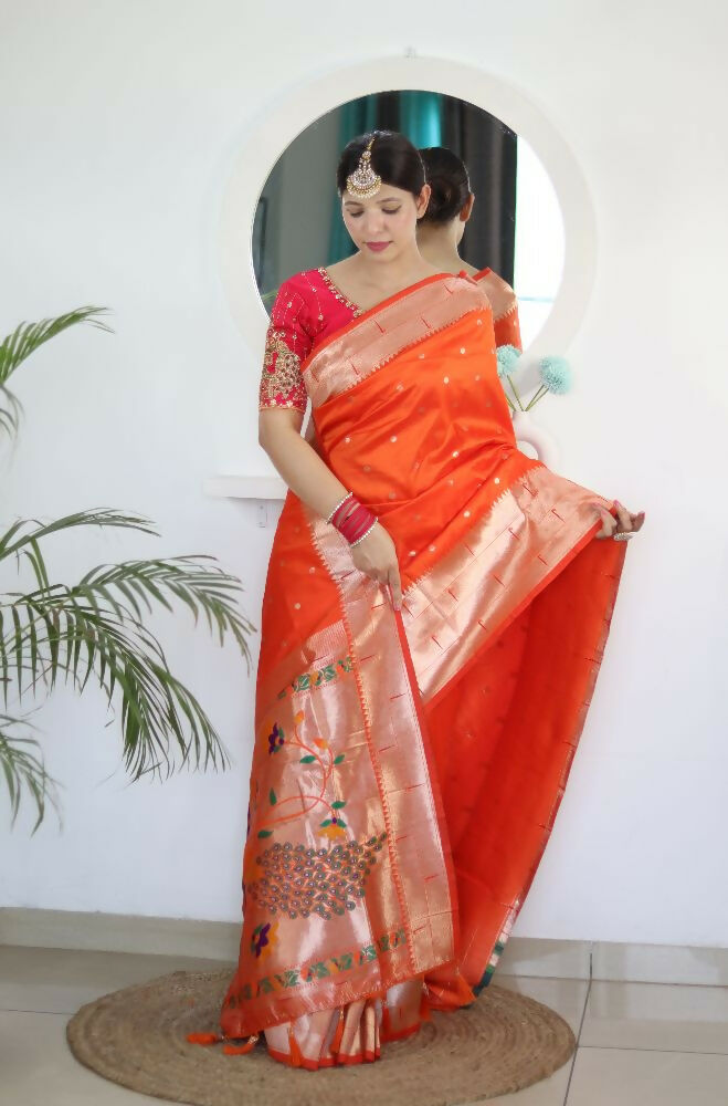 Orange Woven Jacquard Designer Embroidery Work Party Wear Saree - Parampara