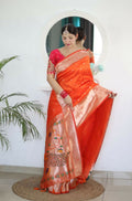 Orange Woven Jacquard Designer Embroidery Work Party Wear Saree - Parampara