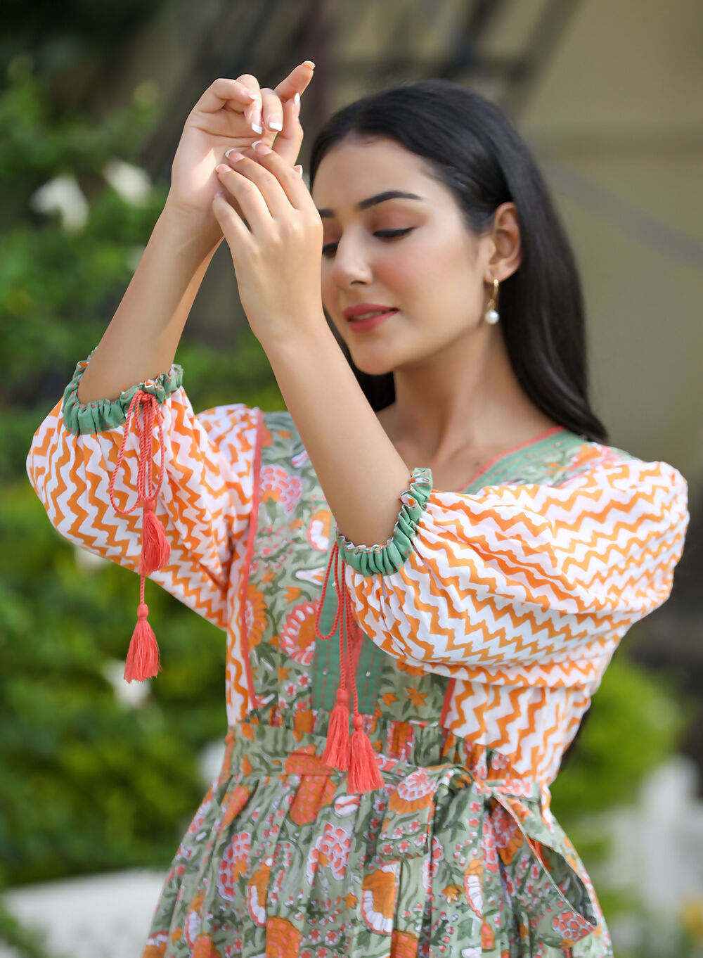Kaajh Women's Orange Hand Block Printed Dress - Distacart