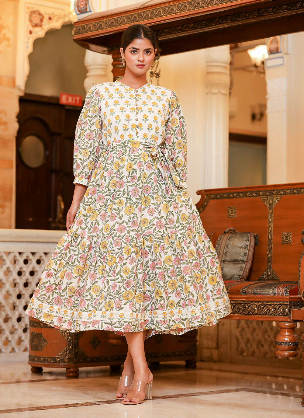 Kaajh Women's White-Pink Floral Print Handblock Dress - Distacart