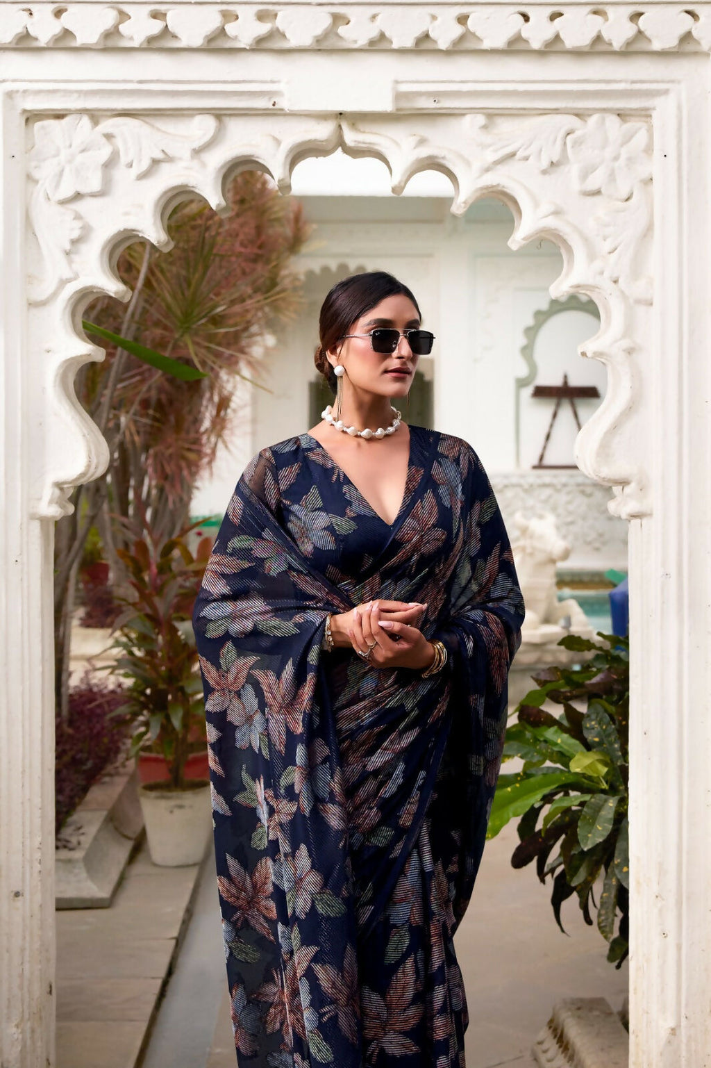 Vastranavya Navy Blue Lurex Brasso Floral Printed Saree with Unstitched Blouse - Distacart