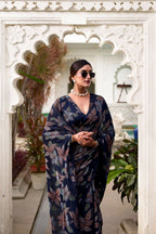 Vastranavya Navy Blue Lurex Brasso Floral Printed Saree with Unstitched Blouse - Distacart