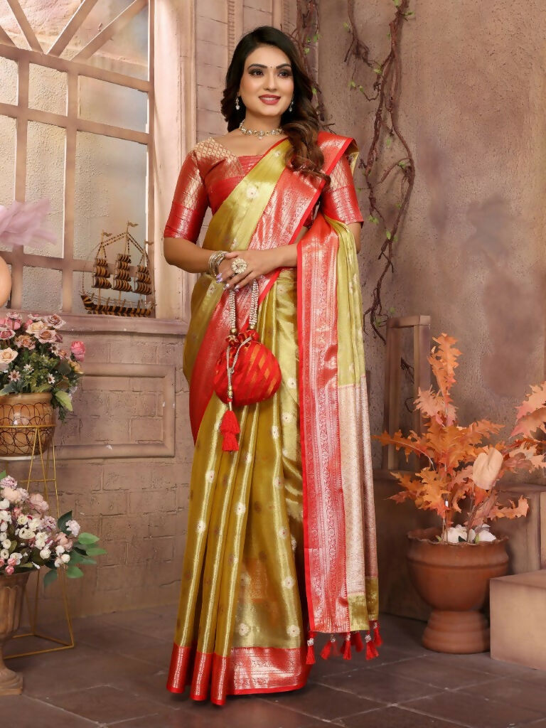 Anaita Golden Tissue Silk With Zari Weaving Saree With Blouse