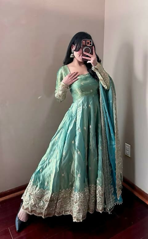 Teeya Creation Teal Fendy Silk Designer Heavy Work Wedding Wear Long Gown - Distacart