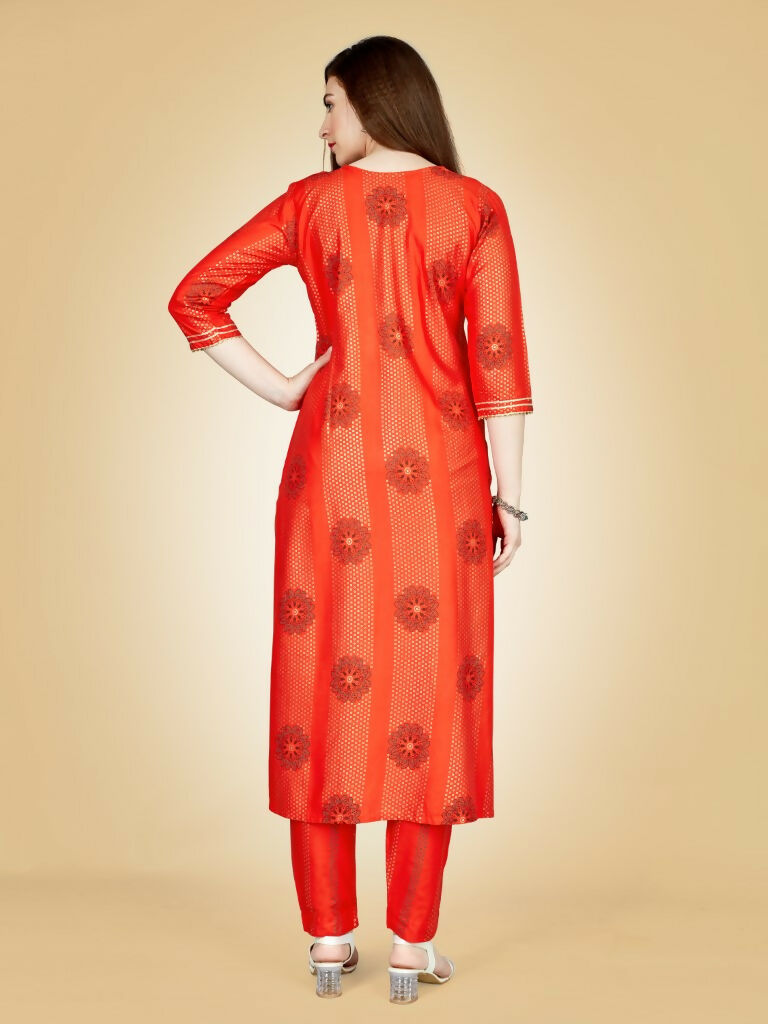 Jyoti Fashion Women's Orange Viscose Rayon Embroidered Kurta Pant Set