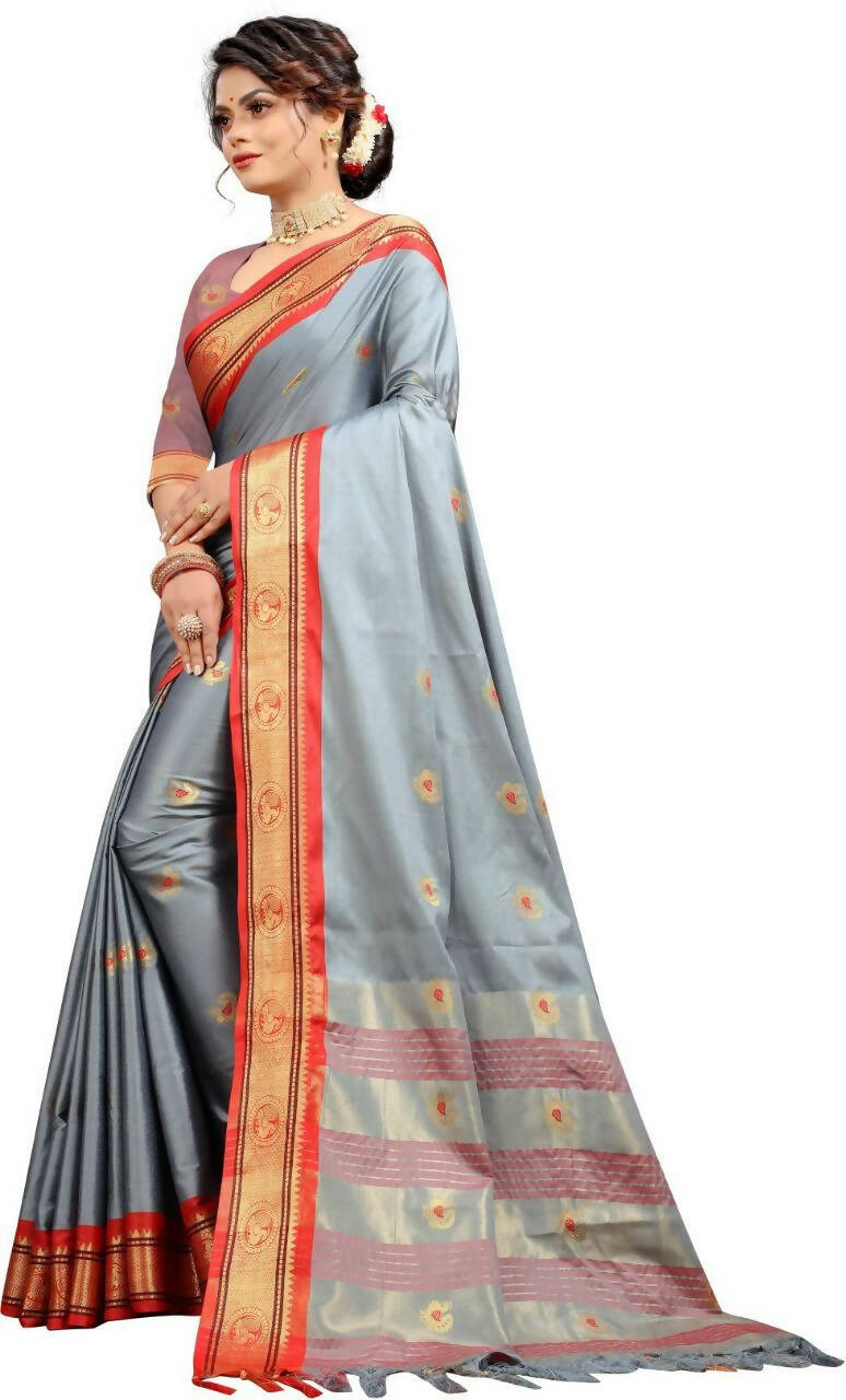 DEIANA'S Beautiful Designer Golden zari Soft Lichi Silk Saree - Grey