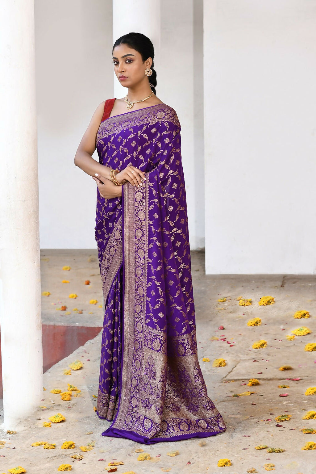 Joban Fashion Purple Crepe Chiffon Pure Handloom Banarasi Silk Saree
