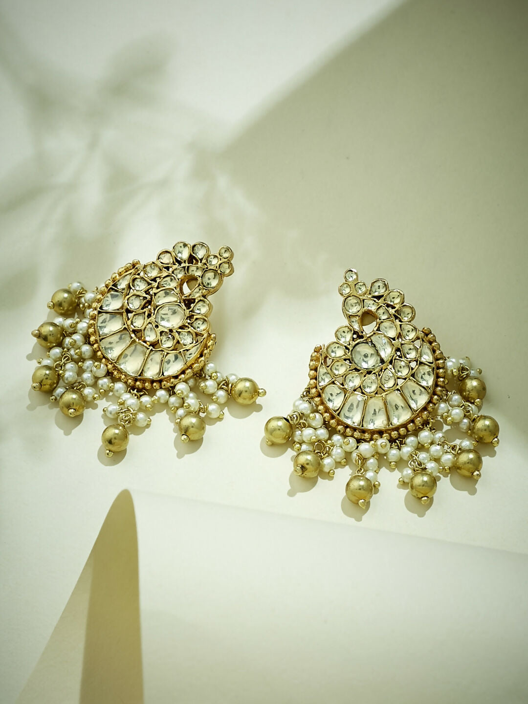 Nuyug 22K Gold-Plated Kundan Stone Studded & Pearl Drop Beaded Crescent Shaped Chandbalis - Distacart