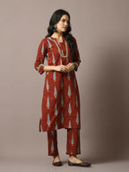 Myshka Women's Rust Printed Cotton Straight Party Kurta Set