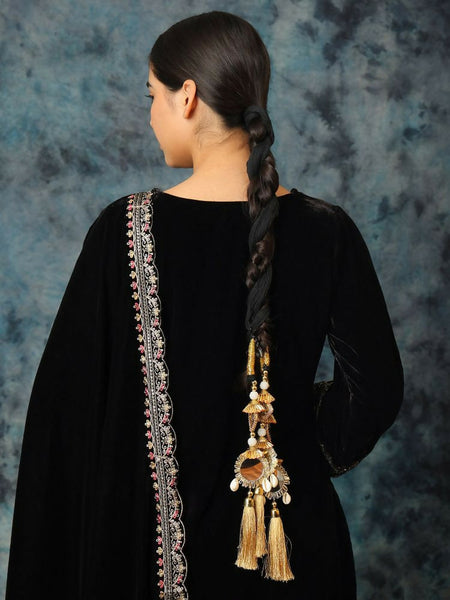 Ruby Raang Gold Gota Pati Work And Threads With Pearls And Black Thread And Mirrors